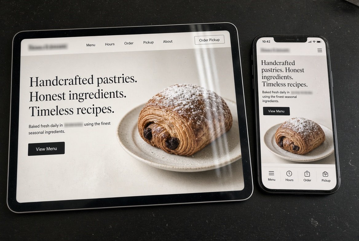 A bakery website design shown on a tablet and a phone. The business name and town are blurred.